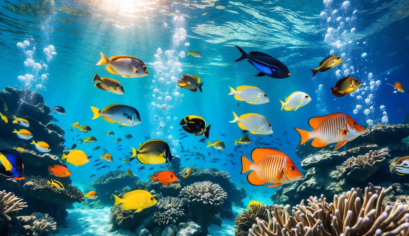 Pemandangan bawah laut dengan berbagai ikan berwarna-warni berenang di sekitar terumbu karang yang jernih dan terang.