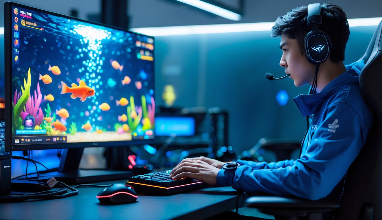 Seorang pemain game profesional sedang bermain permainan tembak ikan di depan layar komputer dengan grafis ikan yang berwarna-warni.
