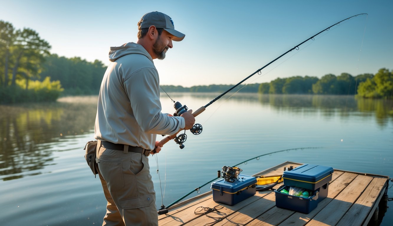 Seorang pemancing ahli sedang memegang joran di tepi danau yang tenang dengan latar belakang pepohonan hijau dan langit cerah.