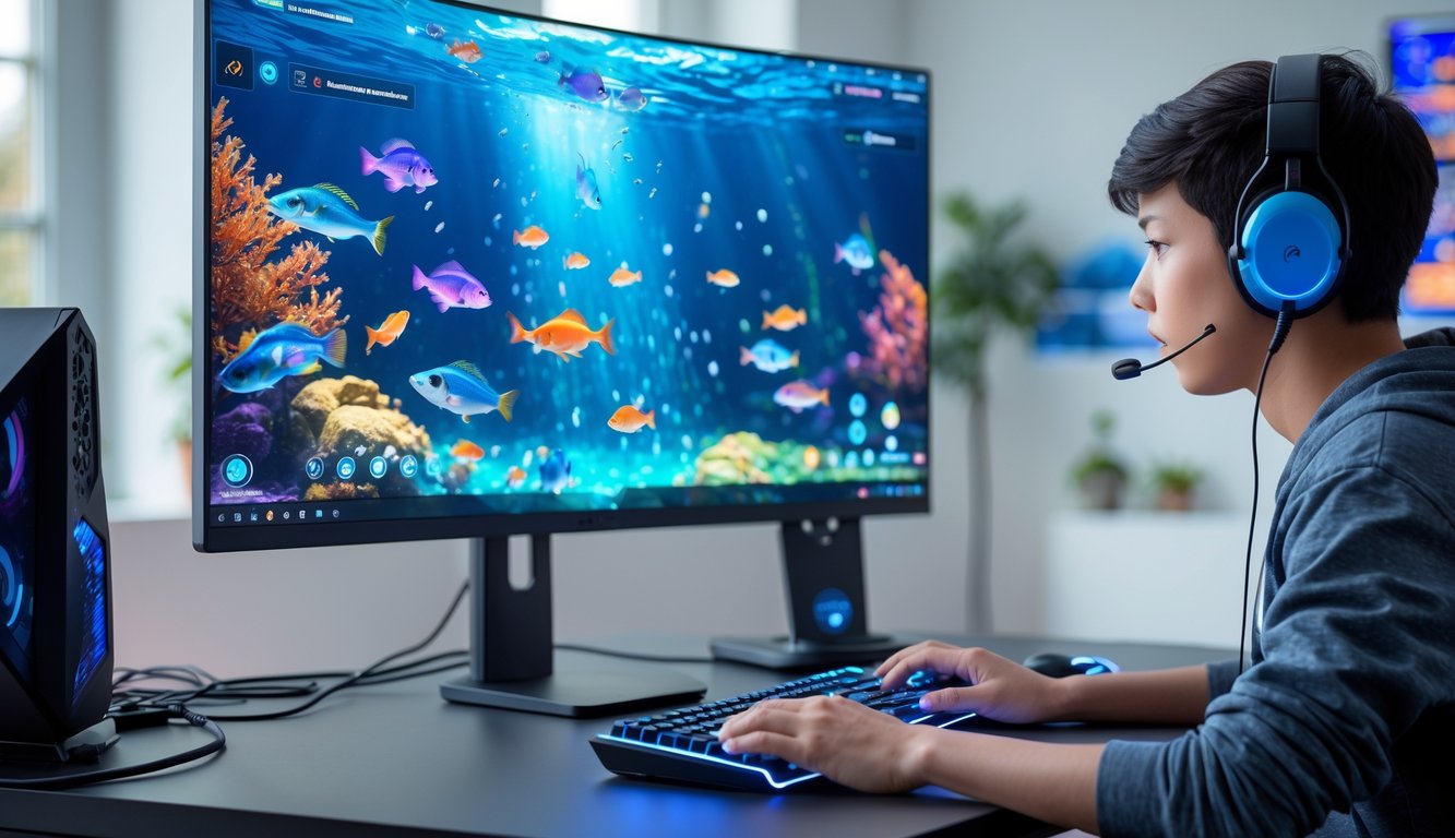 Seorang pemain muda fokus bermain game tembak ikan di komputer dengan layar menampilkan ikan berwarna-warni di bawah laut.