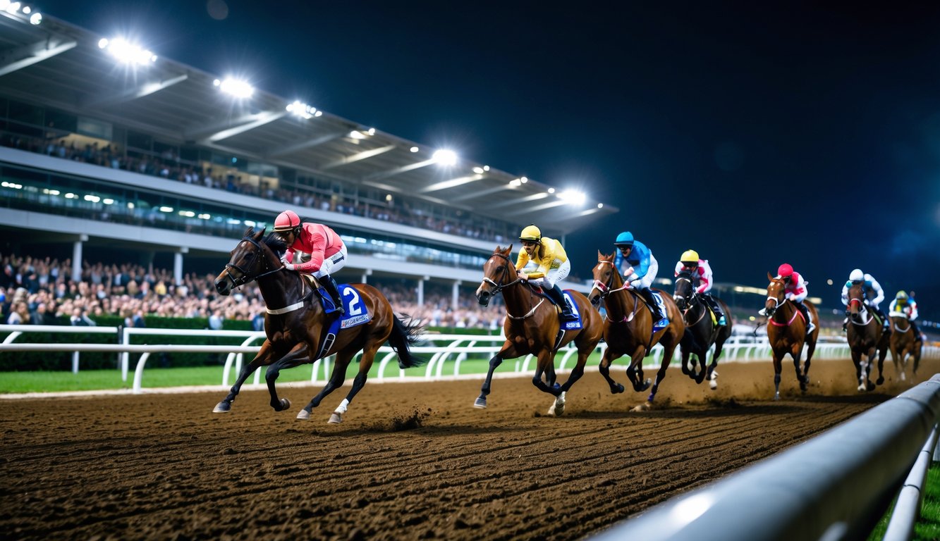Beberapa kuda pacuan berlari kencang di lintasan balap malam hari dengan joki mengenakan pakaian warna-warni dan penonton di tribun.