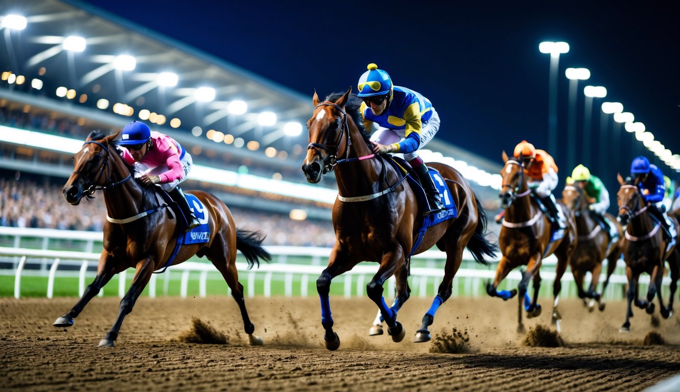 Beberapa kuda pacu dengan joki berwarna-warni sedang berlari cepat di lintasan pacuan kuda malam hari dengan lampu stadion menyala dan penonton di latar belakang.