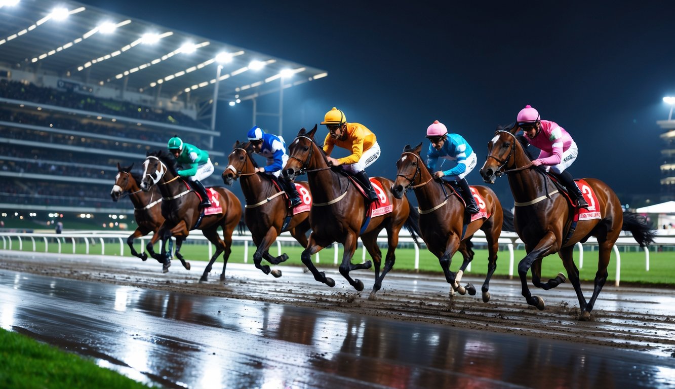 Beberapa kuda balap sedang berlari cepat di lintasan malam hari dengan joki yang fokus dan penonton di tribun.