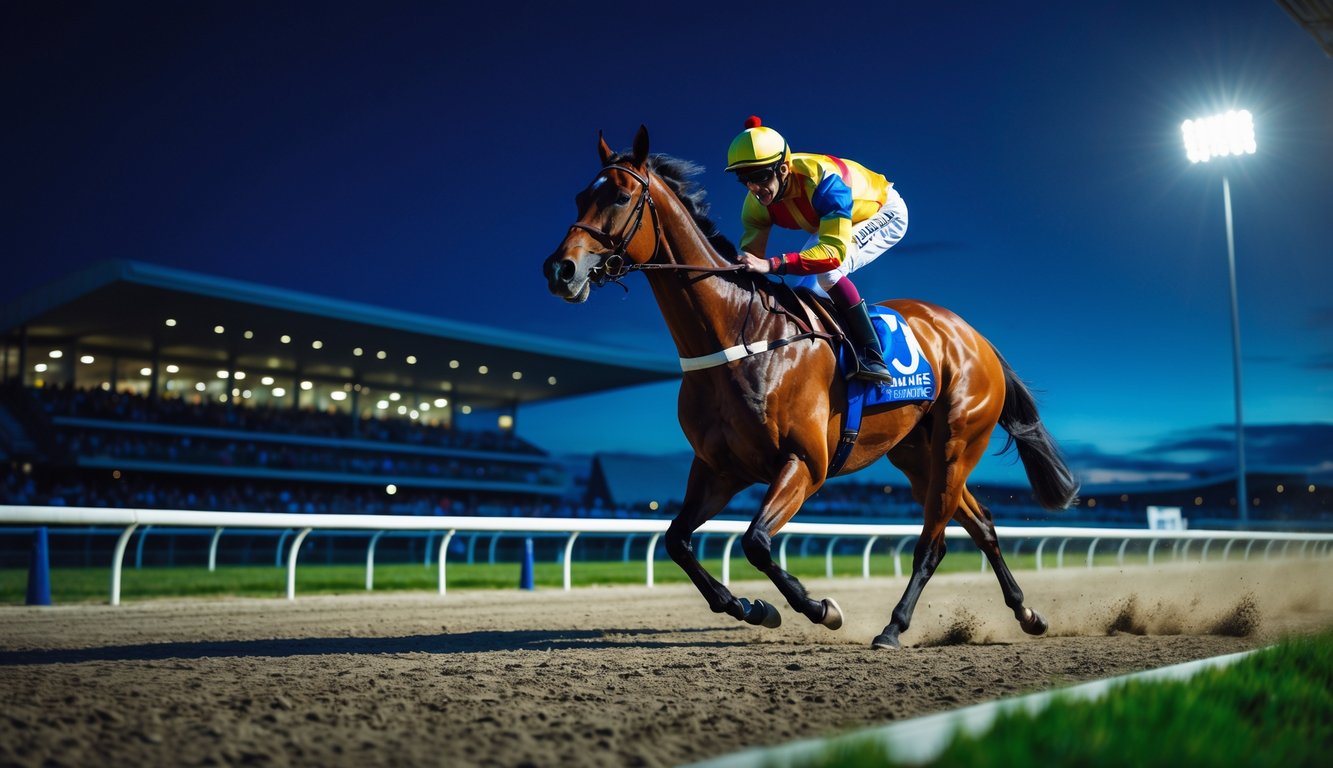 Seekor kuda balap berlari cepat dengan joki di lintasan malam hari yang diterangi lampu sorot, latar belakang menampilkan tribun penonton yang kabur.