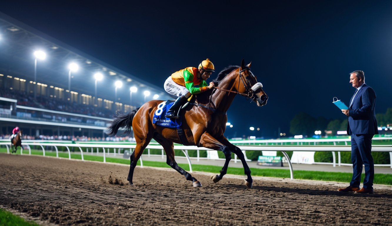 Seekor kuda pacuan berlari kencang di lintasan malam hari dengan joki yang fokus, sementara pelatih mengamati dari pinggir lintasan.