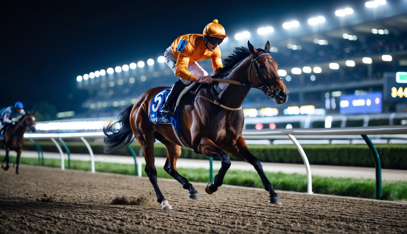 Seekor kuda balap berlari kencang di lintasan malam hari dengan joki mengenakan pakaian balap berwarna-warni.