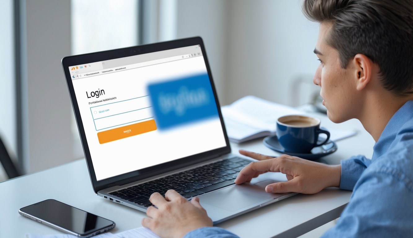 Seseorang sedang duduk di meja dengan laptop, terlihat fokus memecahkan masalah login online.