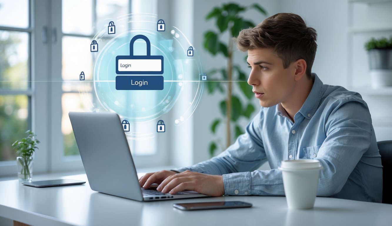 Seorang pria muda duduk di meja dengan laptop, terlihat fokus dan sedikit khawatir saat mencoba masuk ke akun online, di ruang kerja rumah yang terang.