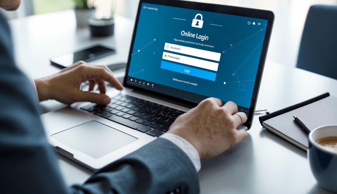 Seorang pria duduk di meja dengan laptop terbuka menampilkan layar login, fokus pada proses masuk ke situs resmi secara online.