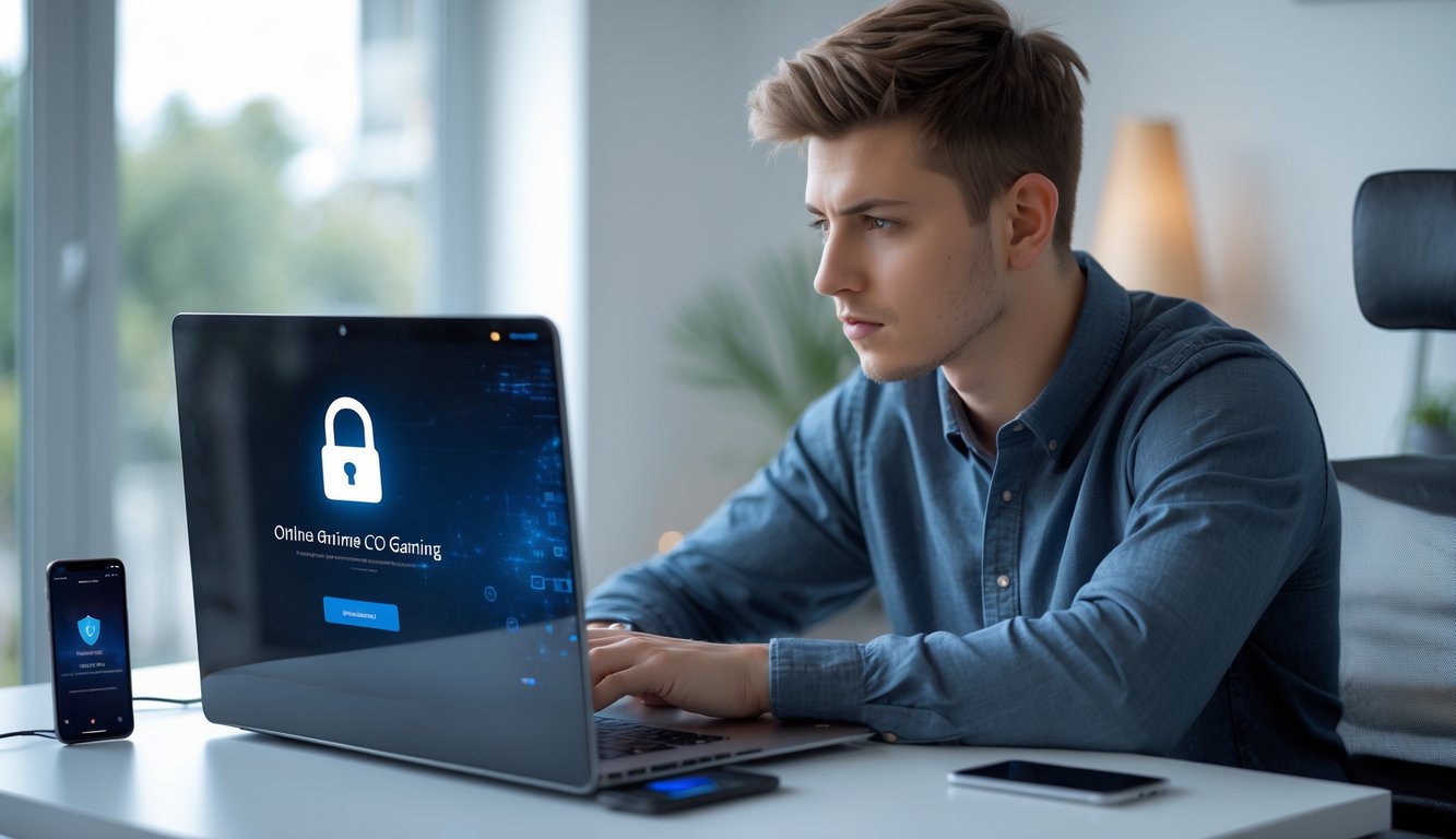 Seorang pria muda duduk di meja kerja menggunakan laptop dengan fokus, menunjukkan aktivitas login ke situs online dengan suasana ruangan yang rapi dan pencahayaan alami.