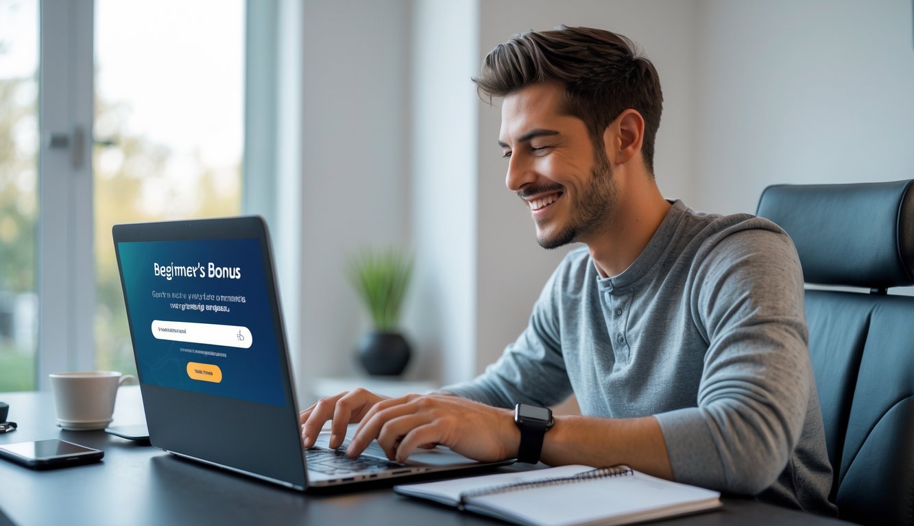 Seorang pria muda duduk di meja dengan laptop, tersenyum saat menggunakan platform online di ruang kerja yang terang dan rapi.