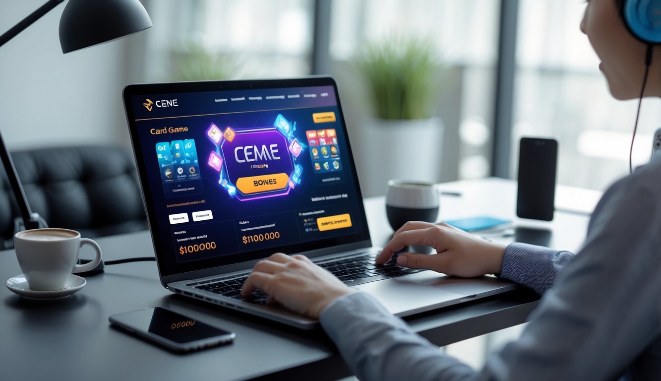 Seseorang duduk di meja dengan laptop yang menampilkan permainan kartu online, terlihat fokus dan santai dalam suasana kerja modern.