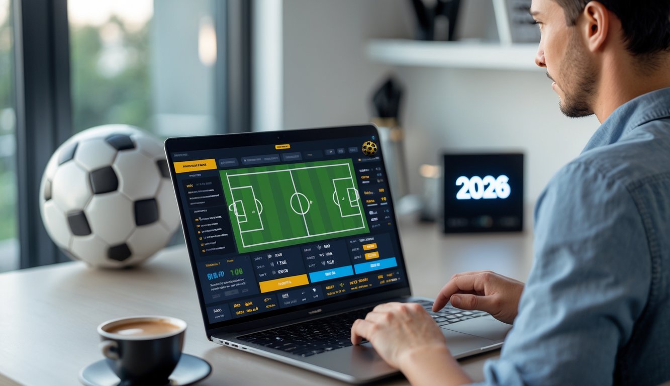 Seorang pemula sedang menggunakan laptop di ruang kerja rumah dengan tampilan platform taruhan olahraga online terpercaya tahun 2026.