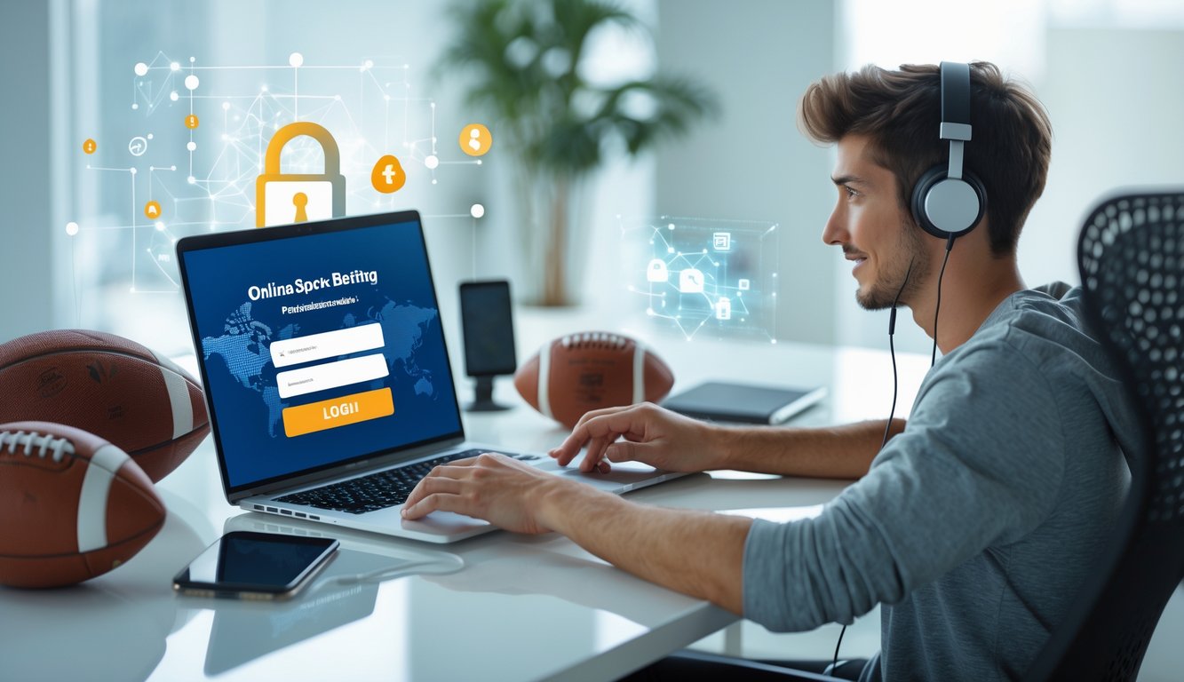 Seorang dewasa muda duduk di depan laptop di meja kerja dengan bola sepak dan bola basket di sekitar, fokus menggunakan situs taruhan olahraga online.