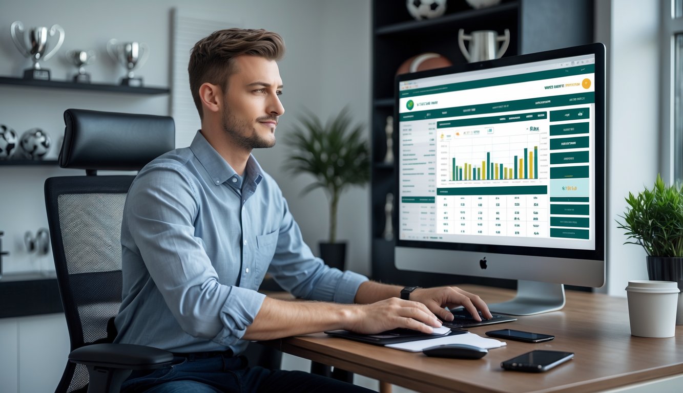 Seorang pria muda duduk di meja kerja dengan komputer yang menampilkan situs taruhan bola online, di ruang kerja modern dengan rak buku dan tanaman kecil.