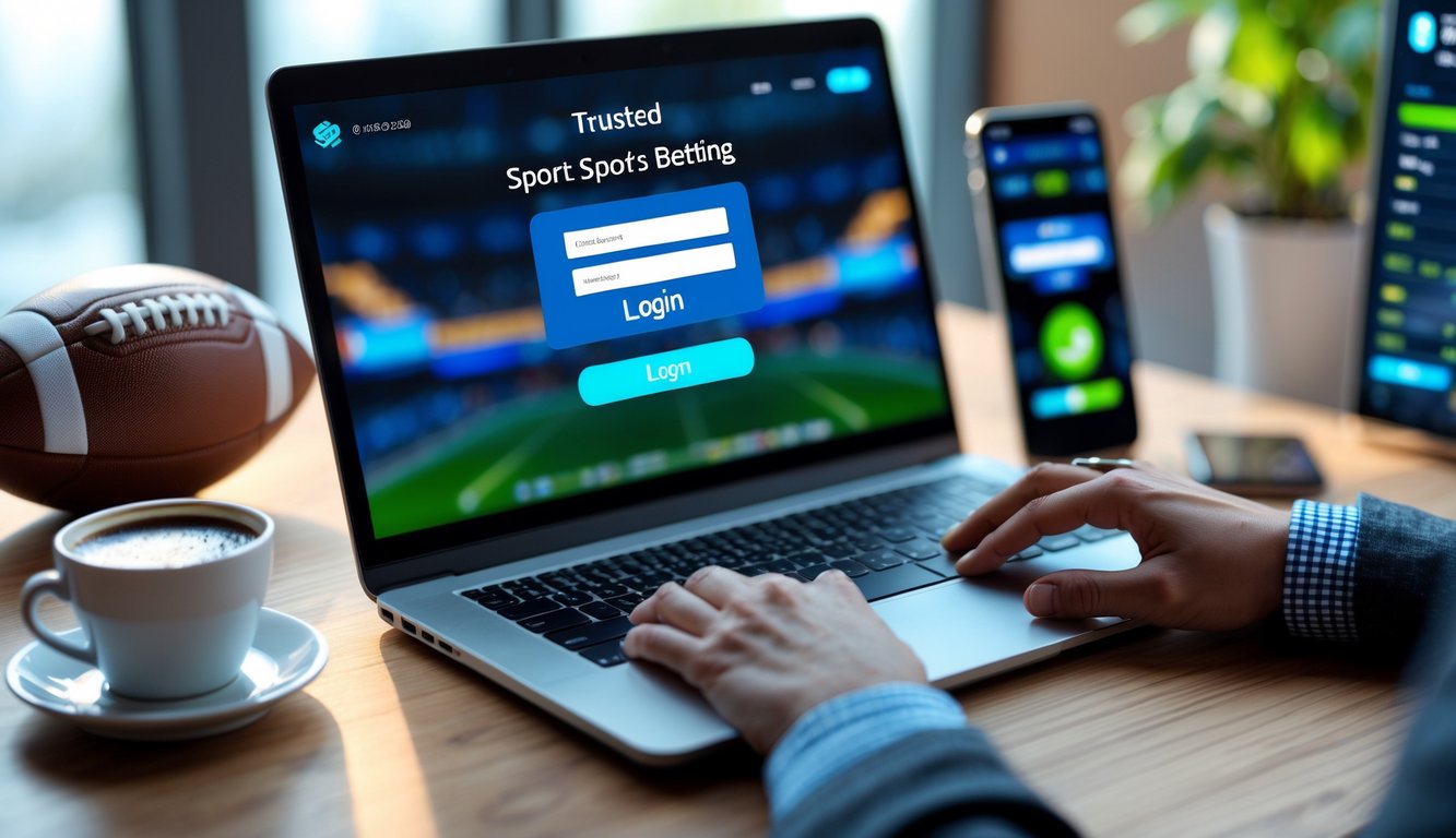 Tangan seseorang sedang mengetik di laptop dengan layar login, di meja terdapat ponsel dengan aplikasi taruhan olahraga dan secangkir kopi.