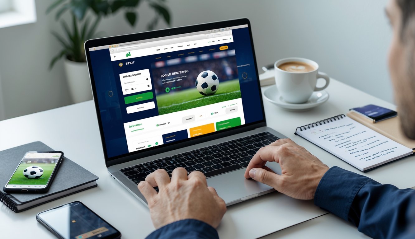 Seseorang sedang menggunakan laptop di meja kerja dengan tampilan situs taruhan bola online, dikelilingi oleh ponsel, buku catatan, dan cangkir kopi.