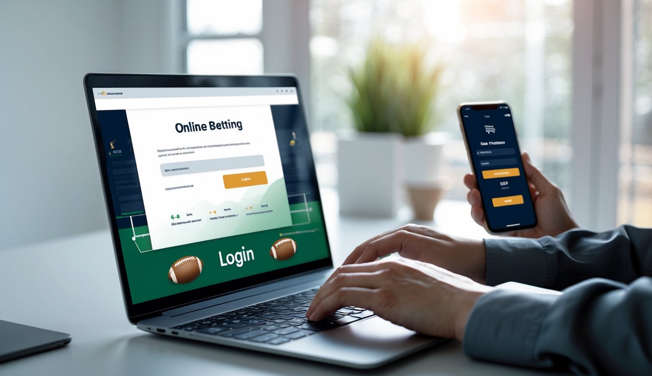 Seseorang mengetik di laptop dengan layar login situs taruhan bola online, di atas meja kerja yang rapi dan terang.