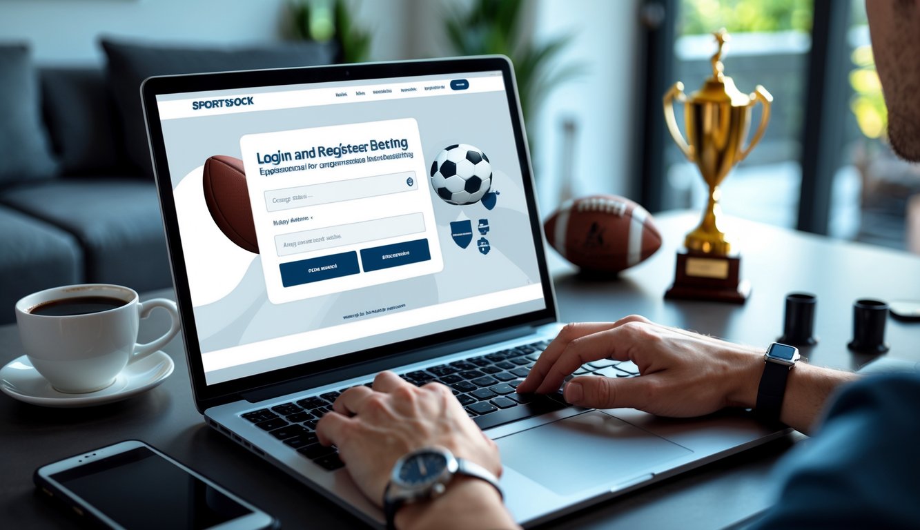 Seseorang sedang menggunakan laptop di meja kerja dengan tampilan situs bandar bola online yang menampilkan halaman login dan daftar.