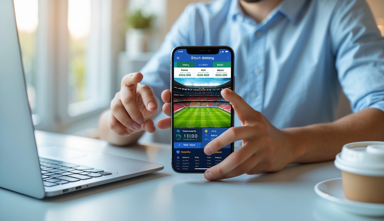 Seorang dewasa muda menggunakan smartphone di dalam ruangan yang nyaman untuk mengakses platform taruhan bola online dengan tampilan antarmuka taruhan sepak bola di layar ponsel.