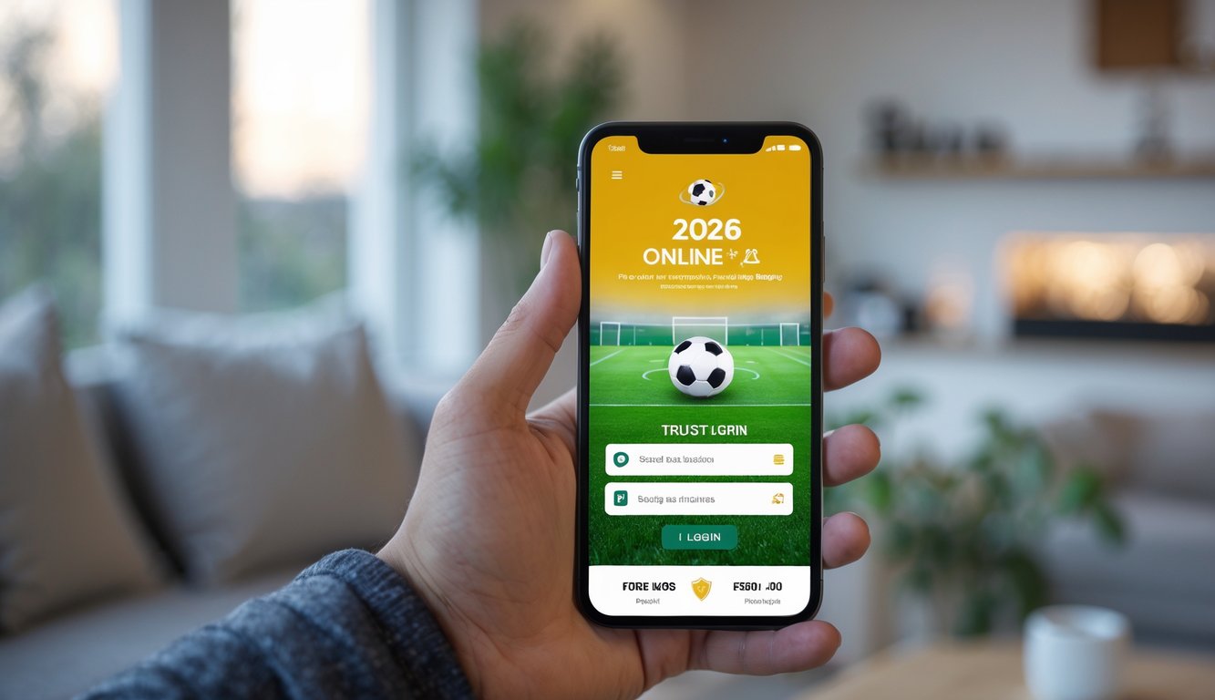 Seseorang memegang smartphone yang menampilkan layar login situs taruhan bola online terpercaya dengan latar belakang ruangan rumah yang nyaman.