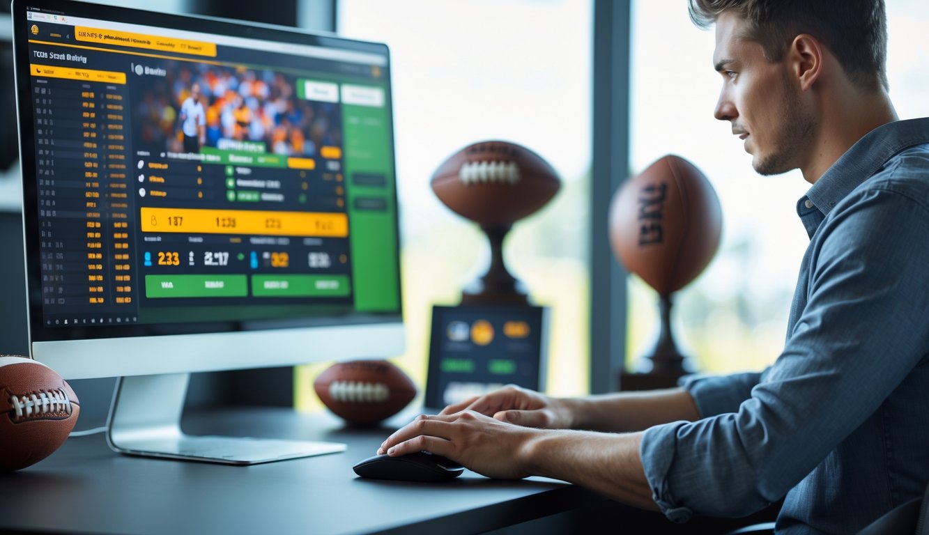 Seorang pria muda menggunakan komputer di ruang kerja dengan layar menampilkan antarmuka taruhan olahraga online.