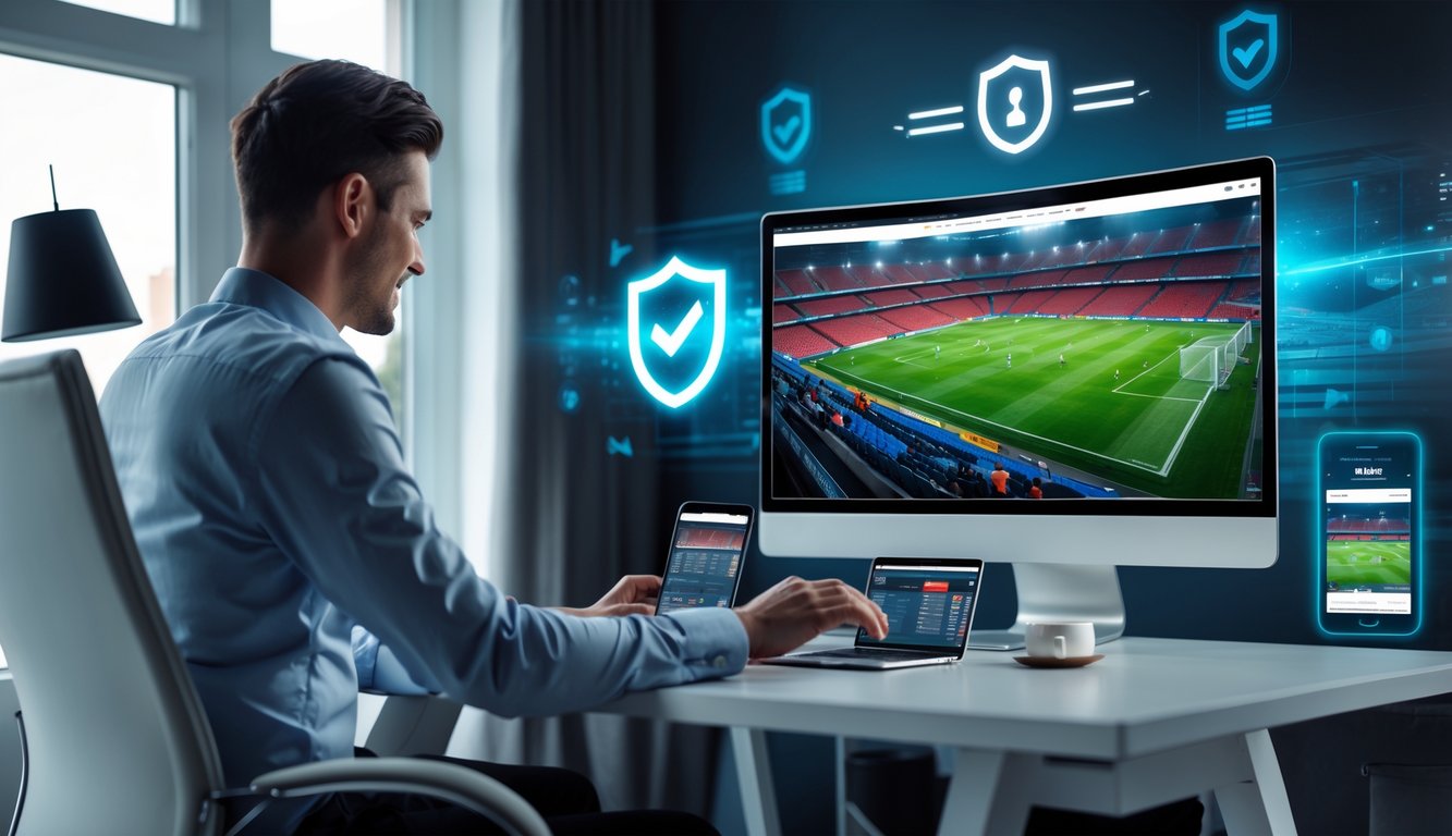 Seseorang menggunakan laptop dan smartphone di meja kerja dengan layar menampilkan pertandingan sepak bola, menunjukkan aktivitas taruhan bola online.