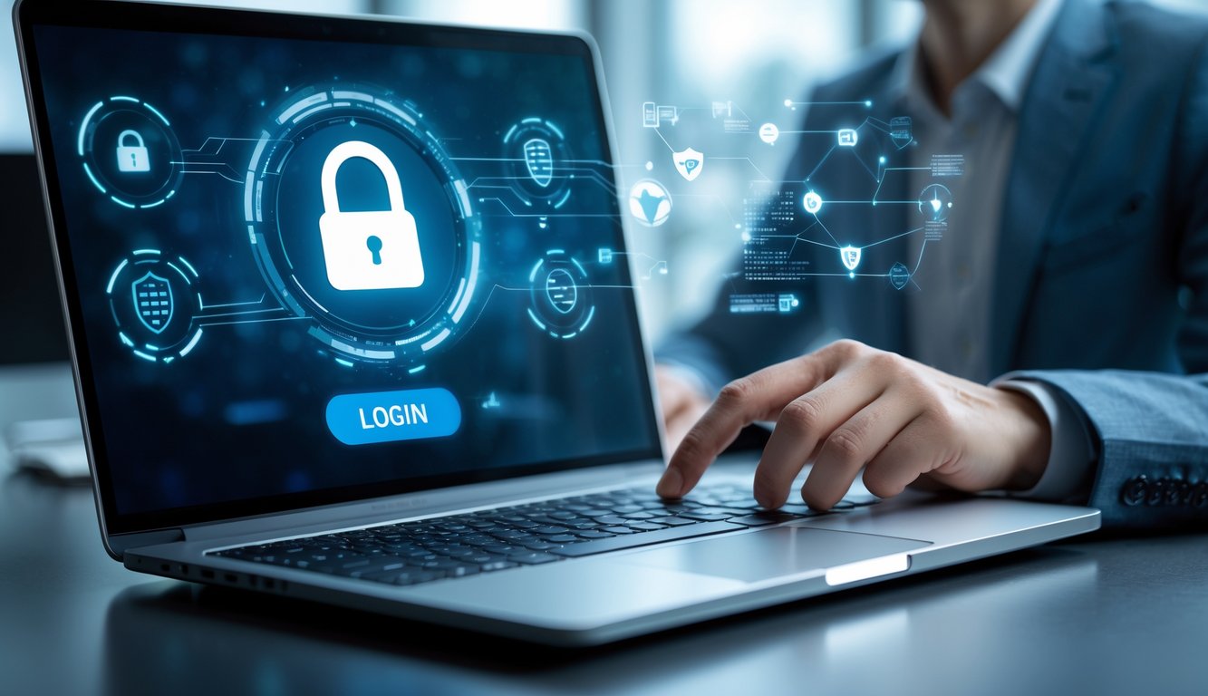 Seseorang menggunakan laptop dengan layar login dan ikon gembok digital, menunjukkan keamanan dalam login di platform taruhan bola online terpercaya.