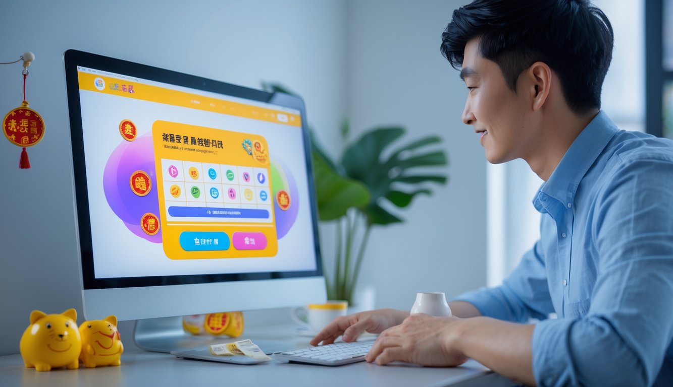 Seorang pria muda sedang duduk di depan komputer dengan tampilan situs togel online bergaya China di layar, di sebuah meja yang rapi dengan hiasan kecil dan suasana tenang.