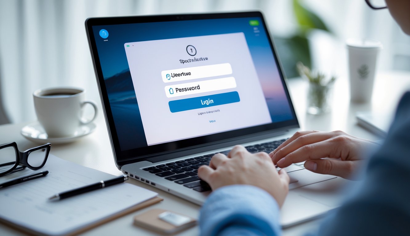 Seseorang sedang menggunakan laptop dan ponsel untuk masuk ke akun online di sebuah meja kerja yang rapi.
