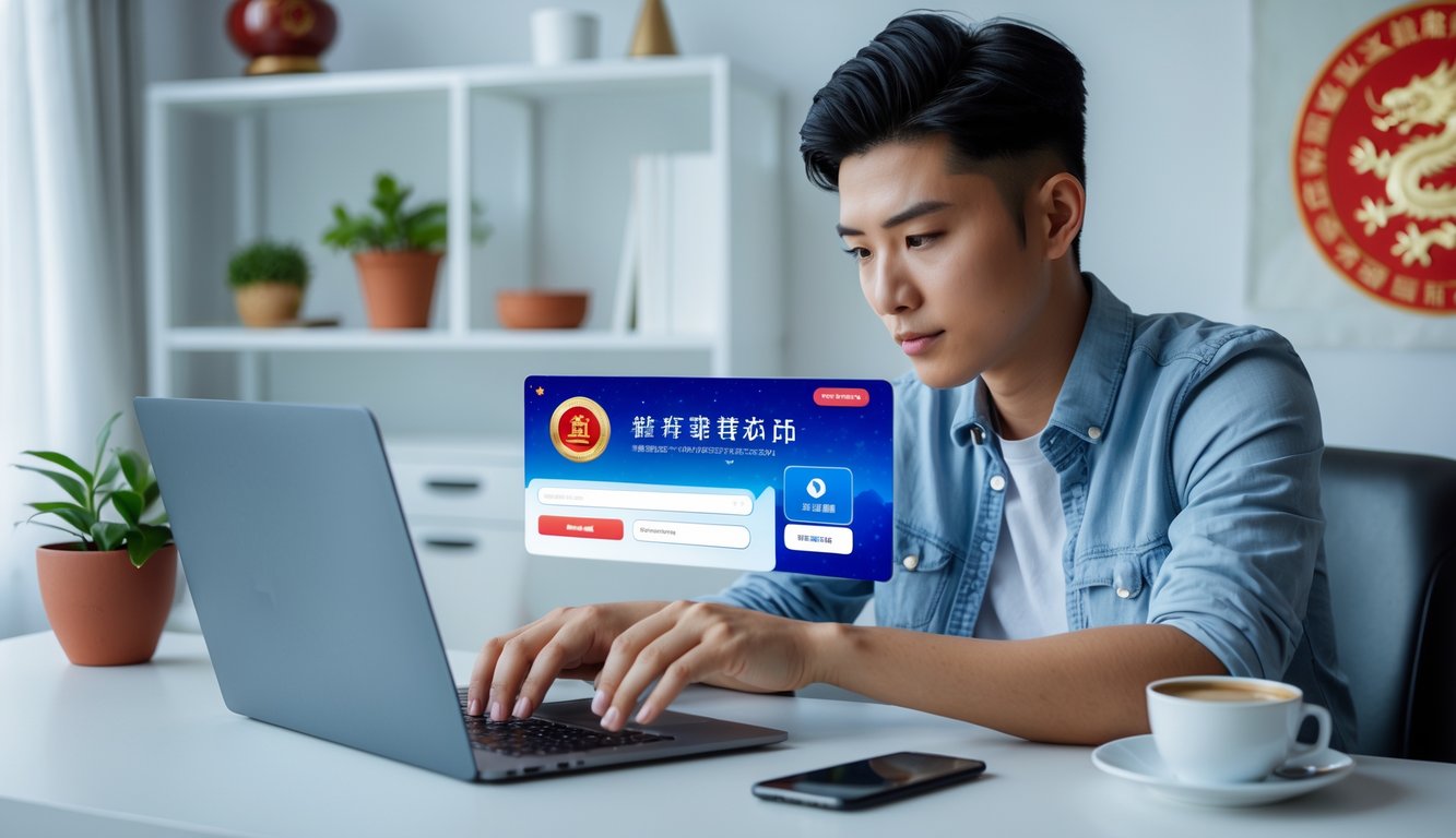 Seseorang menggunakan laptop di ruang kerja dengan layar login online yang menampilkan elemen budaya Tionghoa.