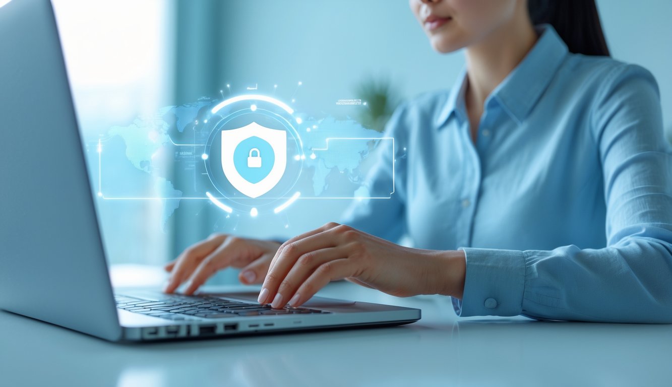 Seseorang menggunakan laptop di ruang kerja yang terang dengan elemen keamanan digital di layar.