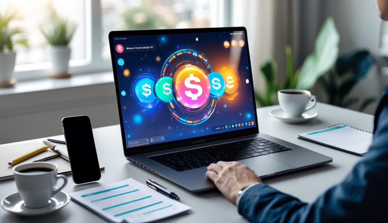 Sebuah ruang kerja rumah dengan laptop terbuka, catatan, ponsel, dan secangkir kopi di atas meja, menunjukkan suasana perencanaan bermain togel online dengan fokus dan tenang.