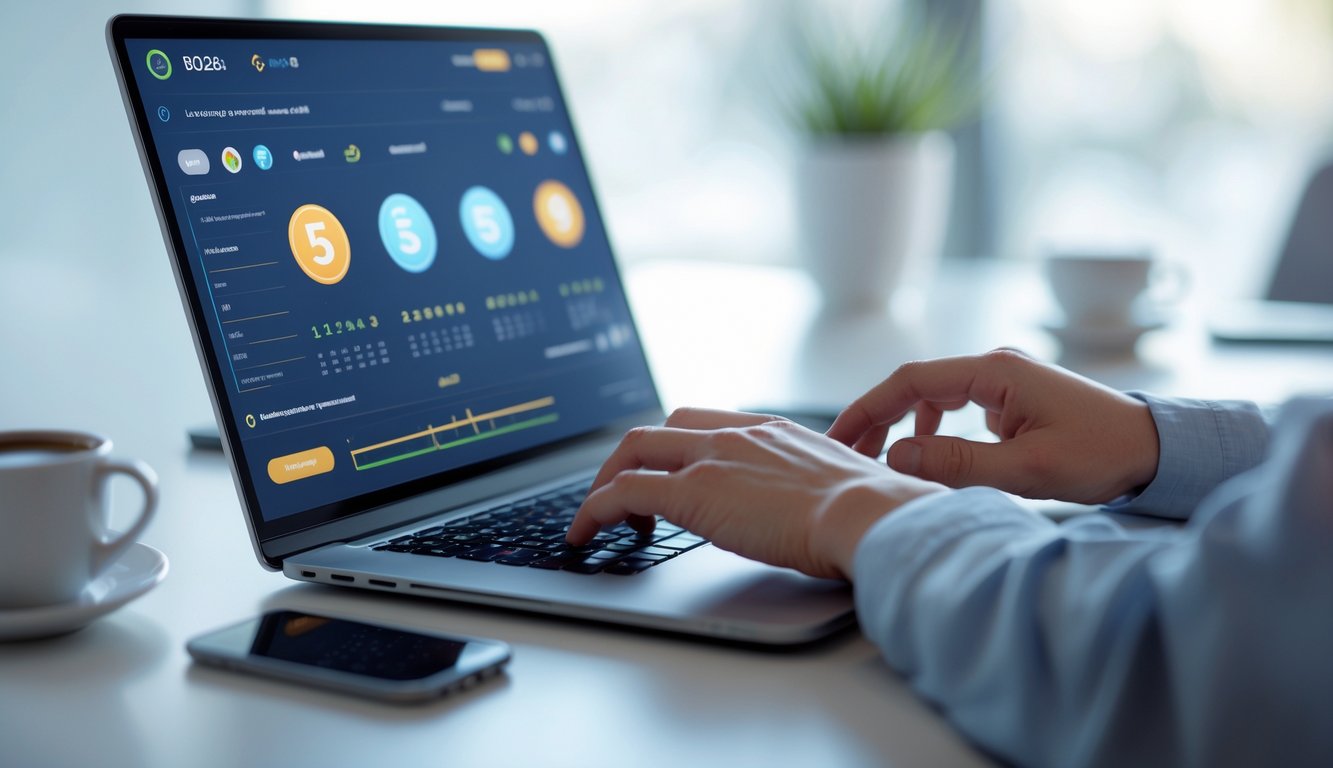 Meja kerja dengan laptop yang menampilkan antarmuka digital dan tangan seseorang yang sedang mengetik, menunjukkan aktivitas bermain togel online.