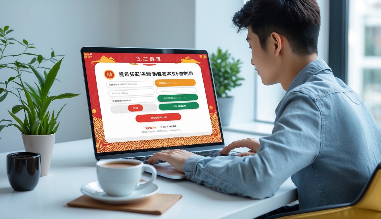 Seorang pengguna muda duduk di depan laptop dengan antarmuka login yang berwarna-warni, di ruang kerja yang terang dan minimalis.