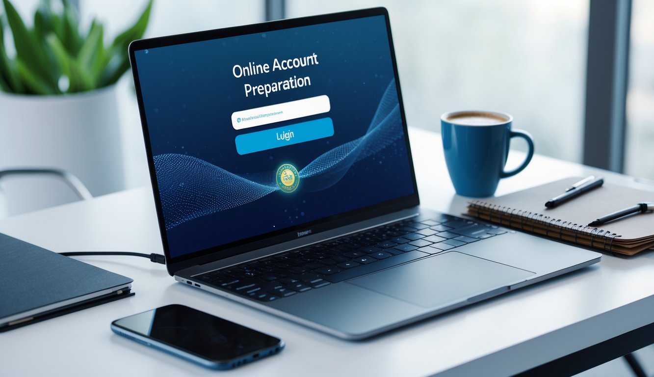 Sebuah meja kerja dengan laptop yang menampilkan layar login, ponsel, buku catatan, dan cangkir kopi di ruang kantor yang terang.