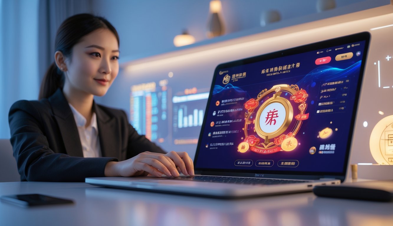 Seseorang sedang menggunakan laptop di meja kerja modern dengan tampilan antarmuka digital yang futuristik dan elemen tradisional Cina, menunjukkan aktivitas login ke platform togel online.