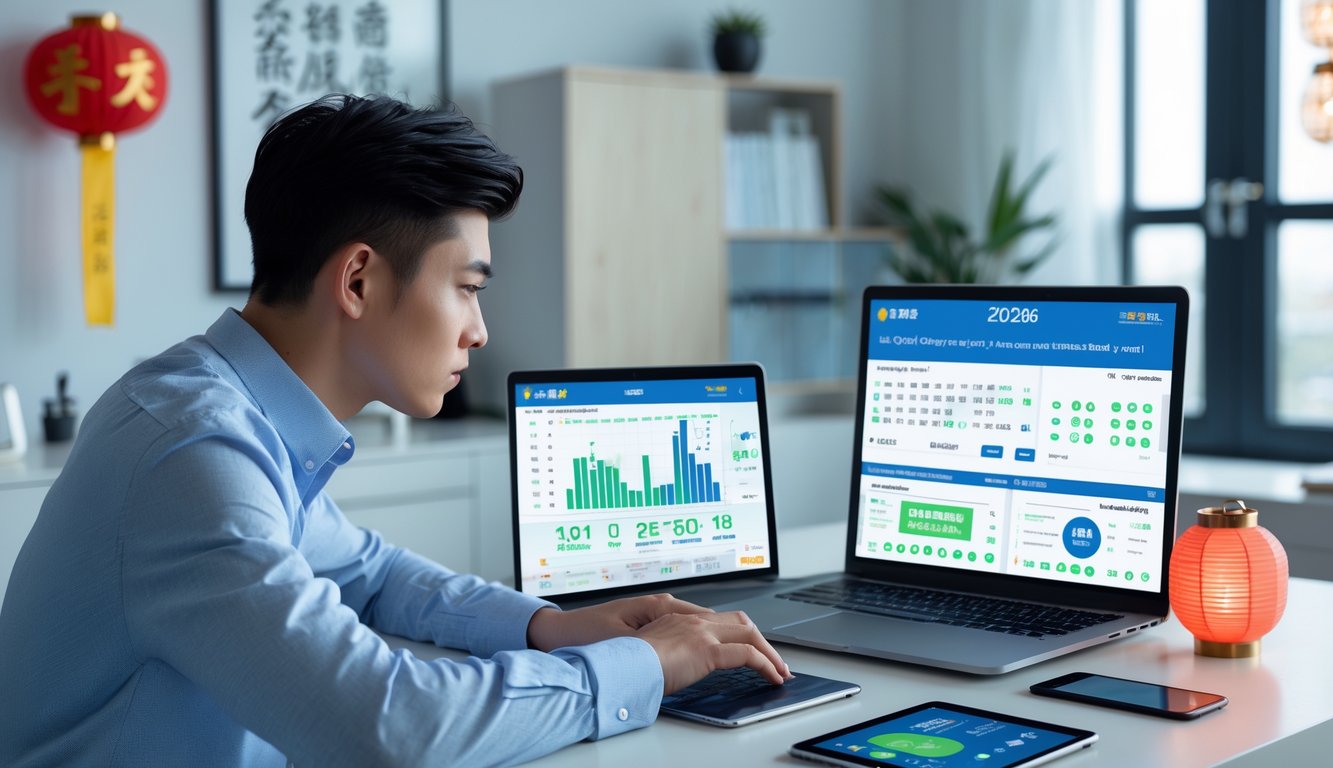 Seseorang sedang bekerja dengan laptop dan perangkat digital lain di meja kerja yang rapi, fokus pada strategi login togel China online tahun 2026.