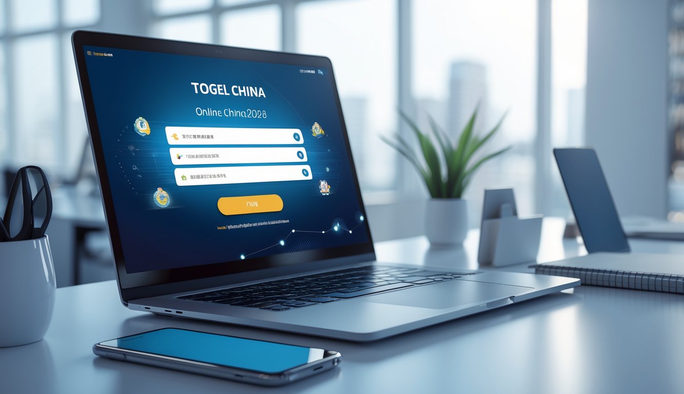Meja kerja modern dengan laptop yang menampilkan layar login aman, ponsel, dan alat tulis di ruang kantor dengan pencahayaan alami.