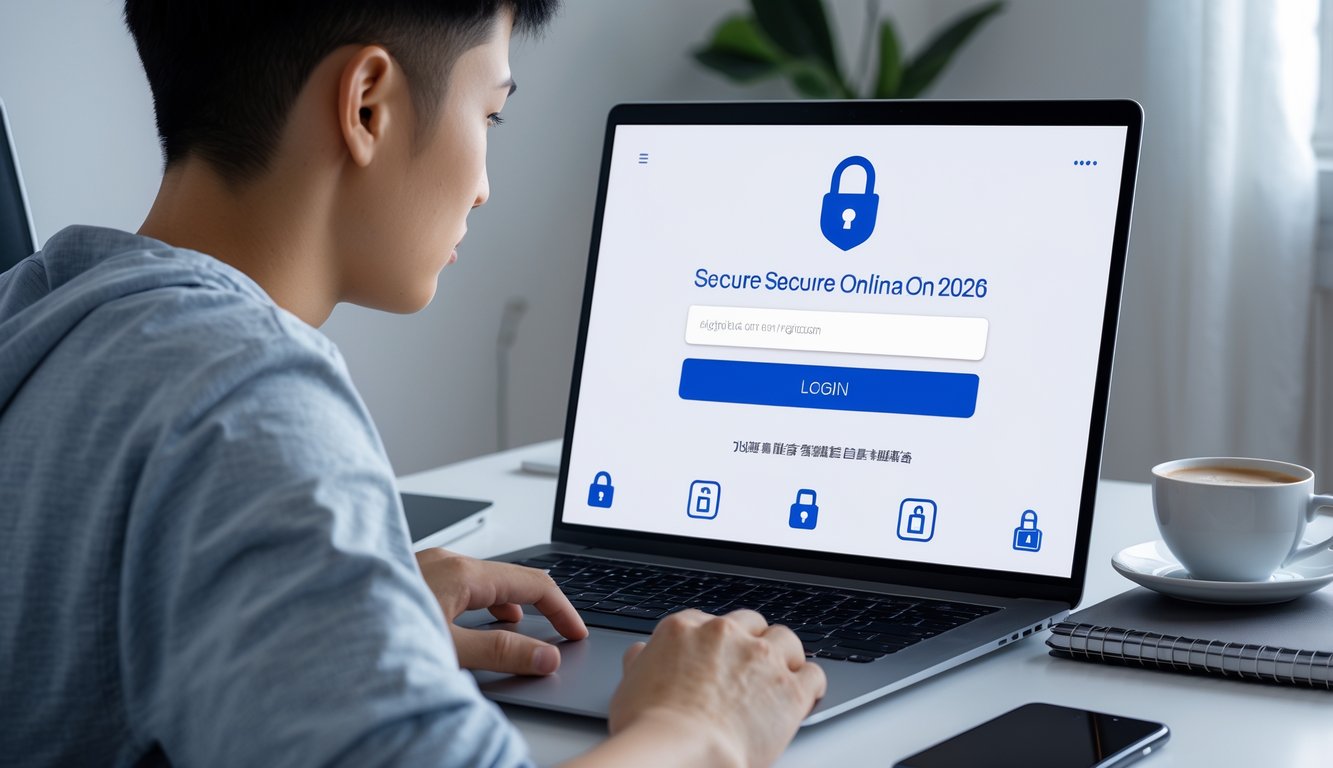 Seseorang menggunakan laptop di ruang kerja rumah yang rapi dengan tampilan login aman di layar.