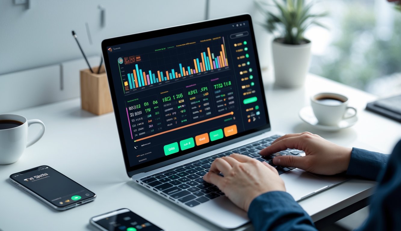 Sebuah meja kerja modern dengan laptop yang menampilkan antarmuka digital berwarna dan tangan seseorang sedang mengetik, di sekitar meja terdapat ponsel dan secangkir kopi.