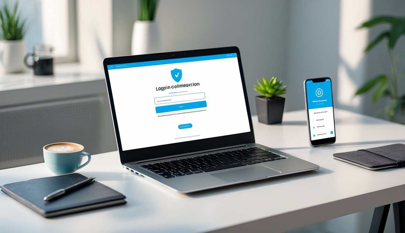 Sebuah meja kerja dengan laptop dan ponsel yang menampilkan layar login, dikelilingi oleh cangkir kopi, buku catatan, dan tanaman kecil.