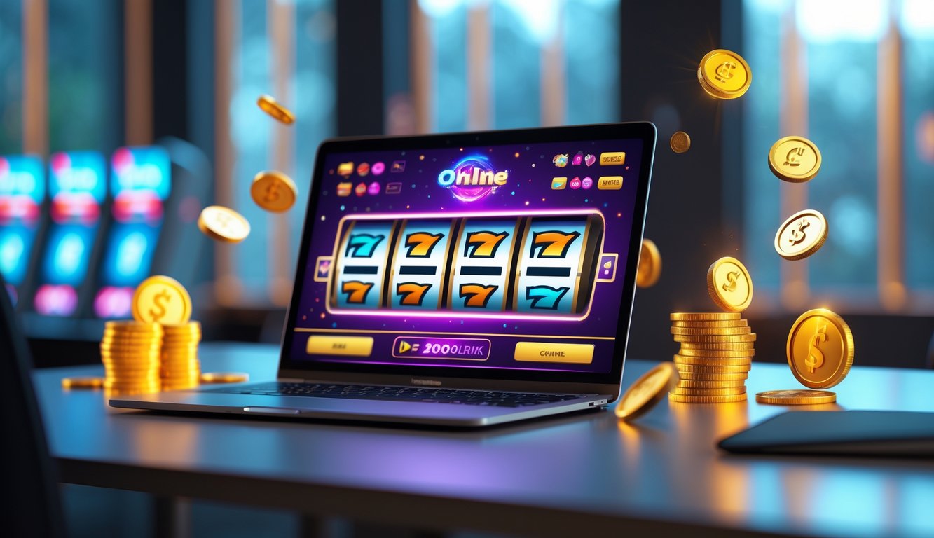 Seorang pengguna sedang bermain mesin slot online di depan komputer dengan latar belakang yang hangat dan suasana yang penuh semangat.