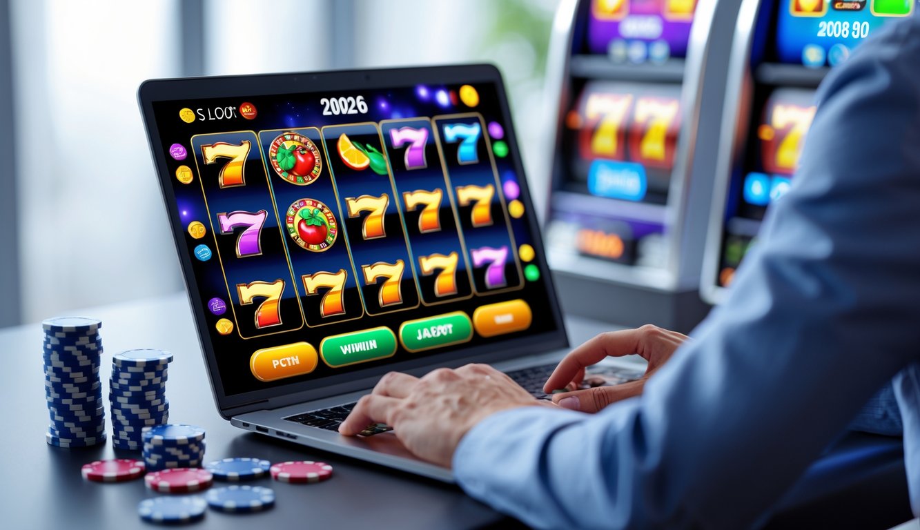 Seseorang menggunakan laptop dengan tampilan permainan slot online berwarna-warni di layar, dikelilingi oleh elemen kasino seperti chip dan kartu bermain.