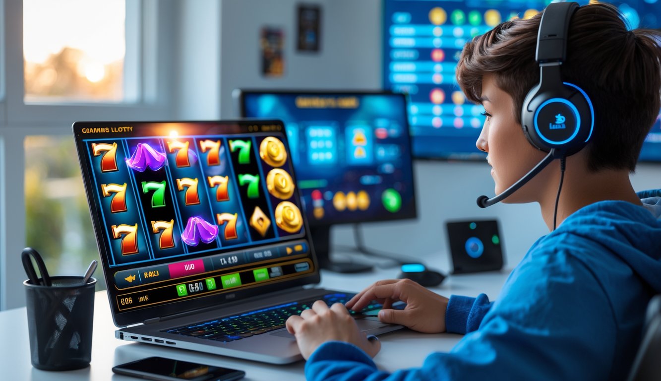 Seorang dewasa muda duduk di depan laptop yang menampilkan permainan slot online dengan latar ruang kerja yang rapi dan pencahayaan alami.