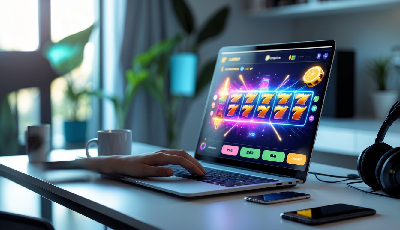 Seorang dewasa muda menggunakan laptop dengan tampilan permainan slot online yang berwarna-warni di meja kerja yang rapi di rumah.