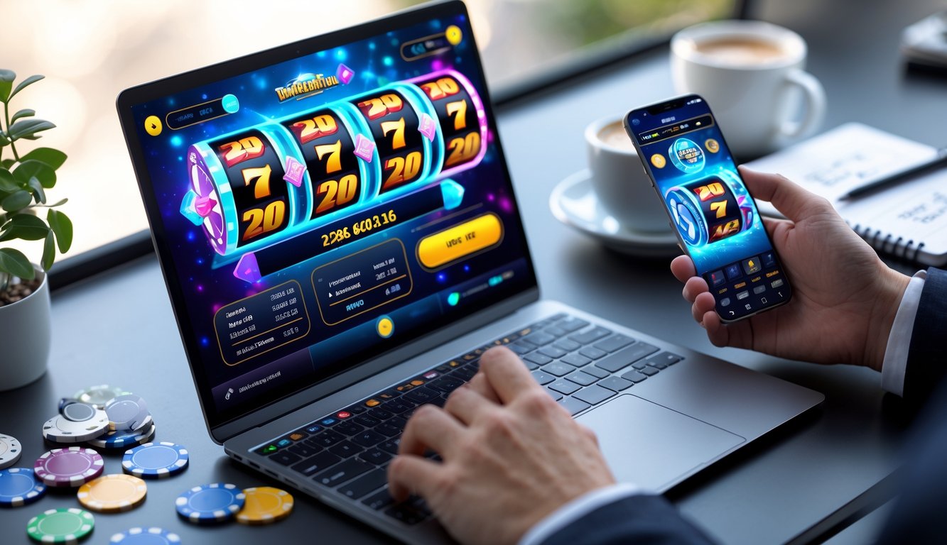 Meja kerja modern dengan laptop dan ponsel yang menampilkan permainan slot online, tangan seseorang sedang menggunakan perangkat tersebut.
