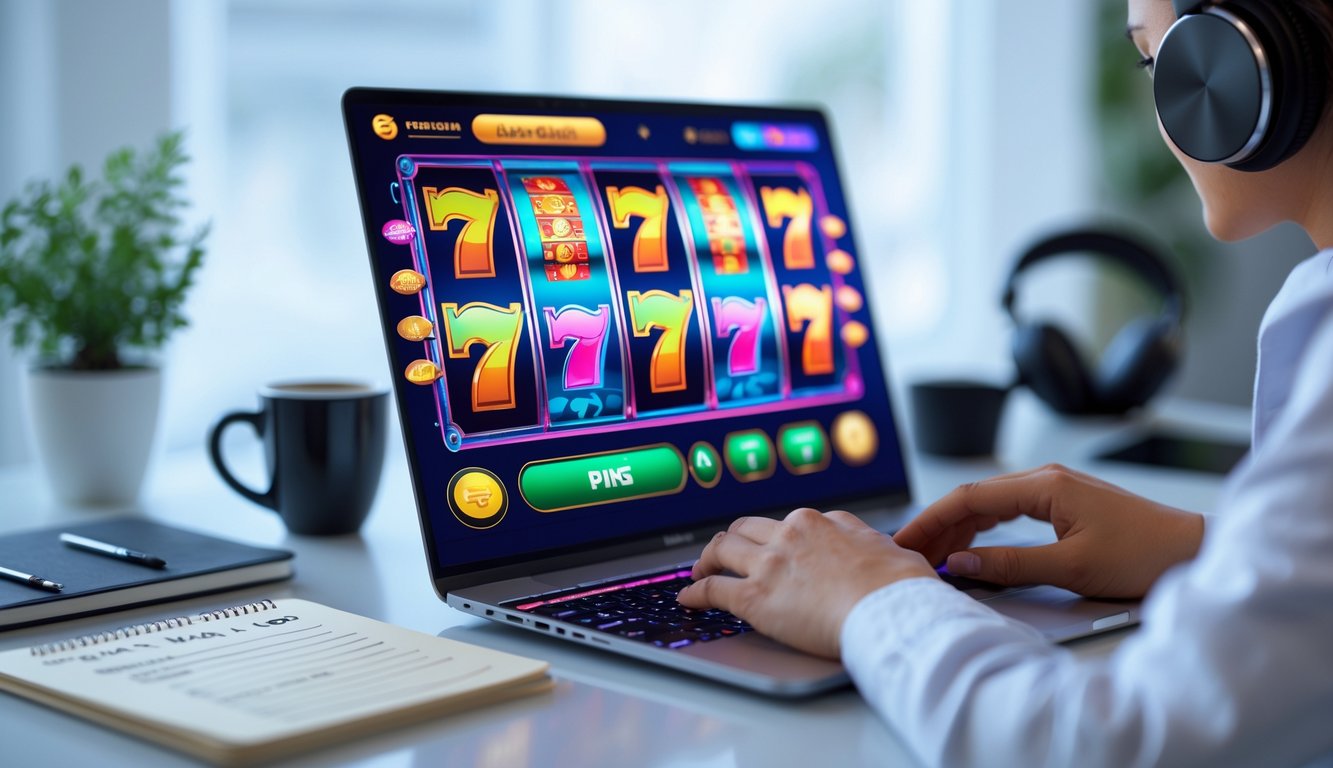 Seorang pemain menggunakan komputer dengan permainan slot online berwarna cerah di layar, di meja terdapat catatan dan kopi, suasana nyaman dan fokus.