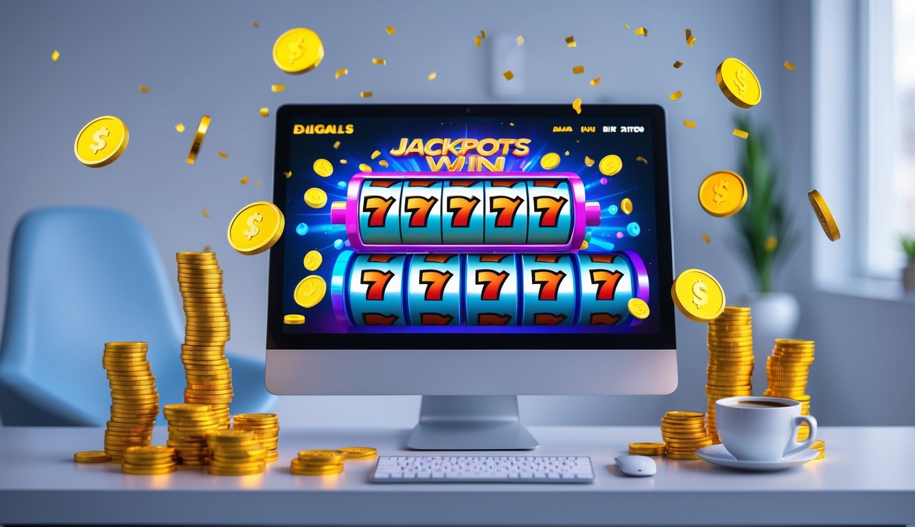 Seorang pengguna sedang bermain mesin slot online di komputer dengan koin emas dan suasana kemenangan di sekitarnya.