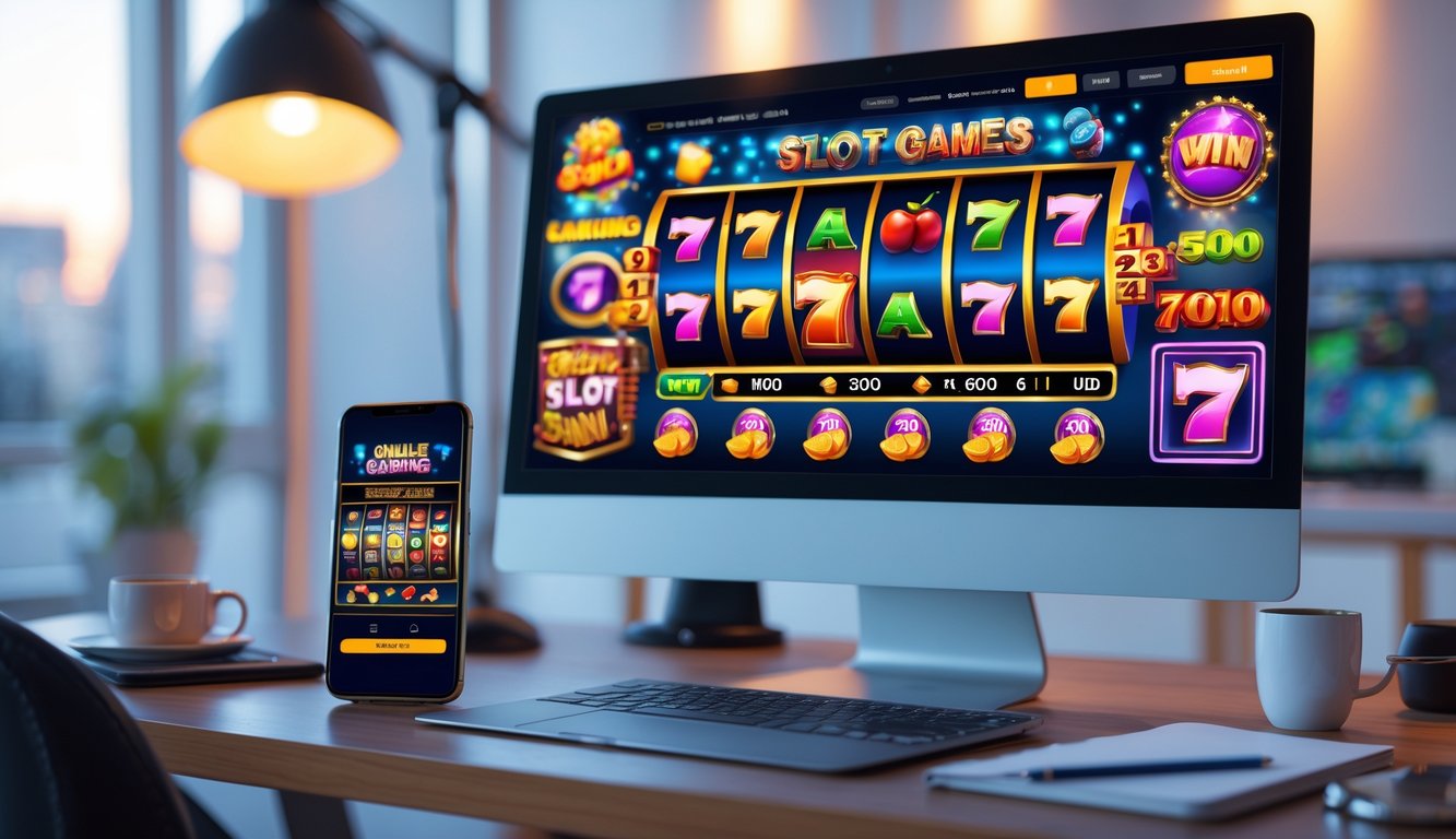 Seorang pemain sedang menggunakan laptop dan ponsel untuk bermain slot online dengan latar ruang kerja yang rapi dan pencahayaan hangat.